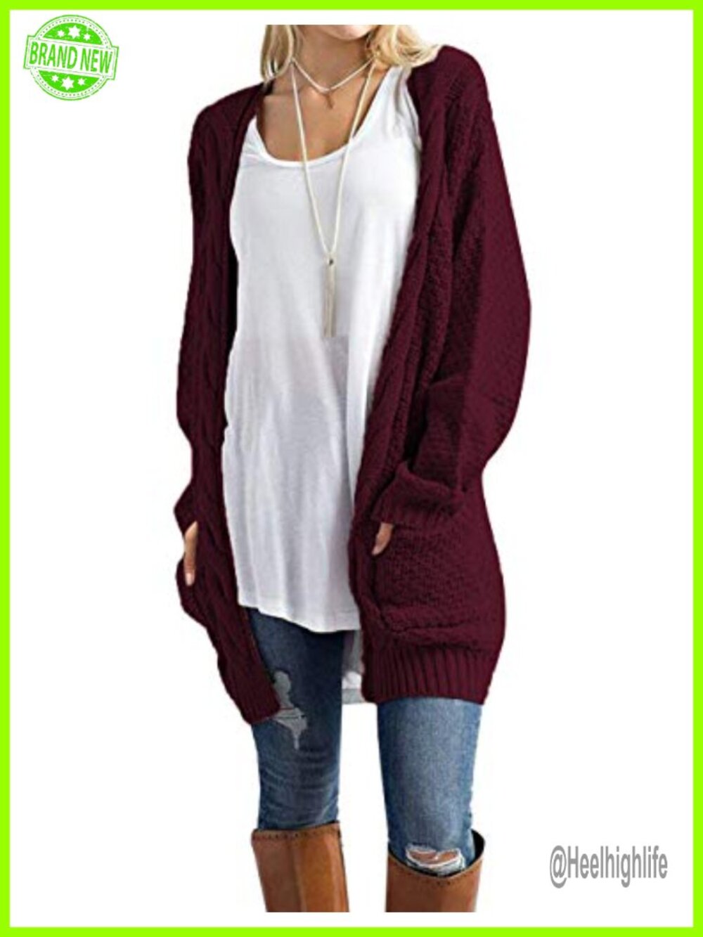 Long Sleeve Open Front Chunky Cable Knit Loose Cardigan Sweater with Pockets